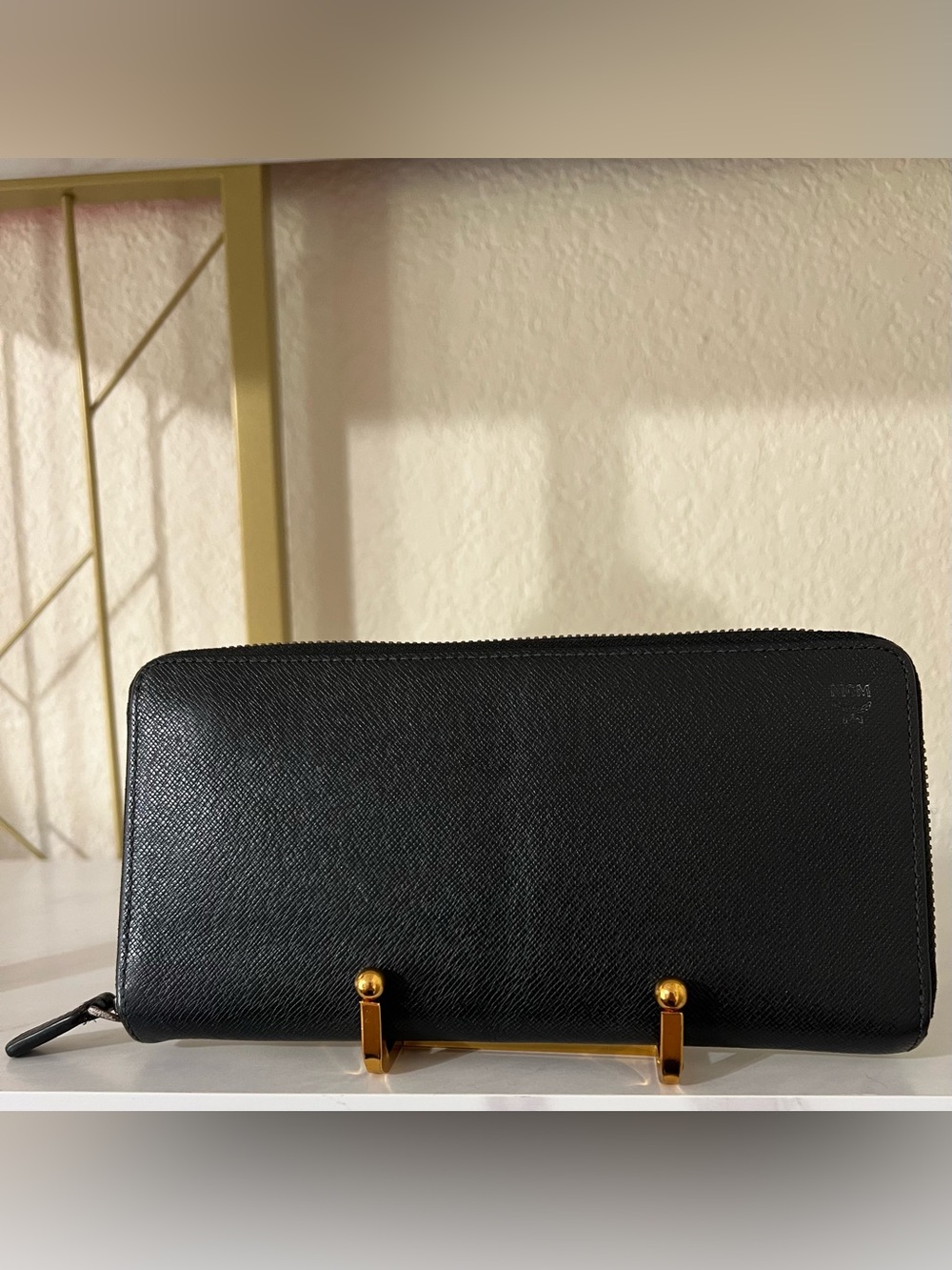 MCM Black Zip-Around Saffiano Wallet with Silver Hardware Accents